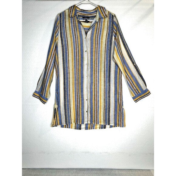 JNY Jones New York  Striped 100% Linen Button Up Tunic Shirt Multicolor Sz M - Picture 1 of 9